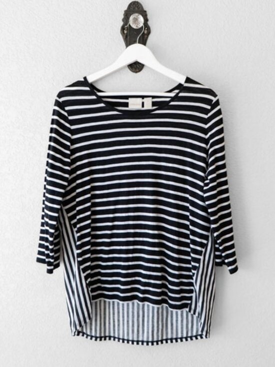 Chico's Tops - Chico’s Black White Stripe Lace Back Hi Lo Top Medium 100% Cotton Nautical